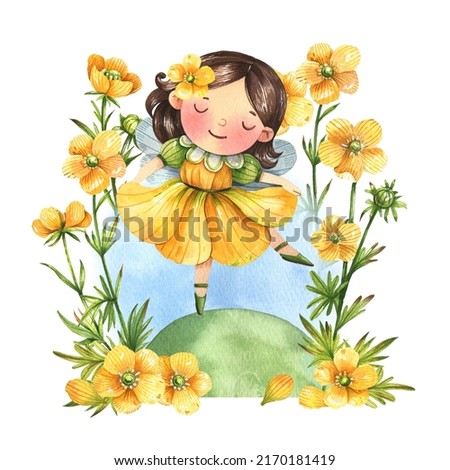 Cute fairy in flower garden watercolor illustration. Children's illustration of a garden fairy in a yellow dress, ranunculus flowers. Watercolor kids illustration isolated on white background.