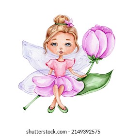 Cute fairy sits flower; watercolor hand drawn illustration; and white isolated background