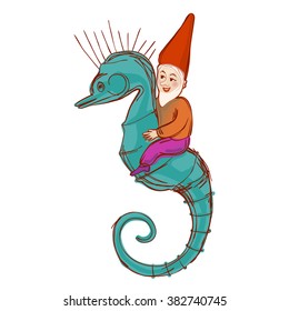 Cute Fairytale Dwarf Riding A Seahorse