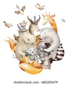 Cute Family Baby Fox, Deer Animal Nursery Cat, Giraffe, Squirrel, And Bear Isolated Illustration. Watercolor Boho Raccon Drawing, Watercolour, Hippopotamus Image Perfect For Nursery Posters, Patterns