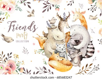 Cute Family Baby Fox, Deer Animal Nursery Cat, Giraffe, Squirrel, And Bear Isolated Illustration. Watercolor Boho Raccon Drawing, Watercolour, Hippopotamus Image Perfect For Nursery Posters, Patterns