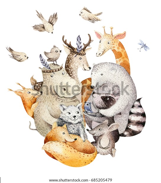 可愛い家族のキツネ 鹿の動物の保育猫 キリン リス クマのイラスト 水彩ボホラコン図 水彩 カバの絵 苗代ポスター 柄に最適 のイラスト素材