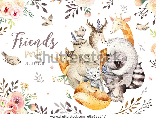 可愛い家族のキツネ 鹿の動物の保育猫 キリン リス クマのイラスト