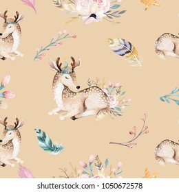 Cute family baby raccon, deer and bunny. animal nursery giraffe, and bear isolated illustration. Watercolor boho raccon drawing nursery seamless pattern. Kids background, nursery print design