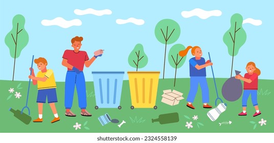 Cute family collect garbage. Nature clean up, parents and children put waste in containers, volunteers help save earth, vector illustration - Powered by Shutterstock