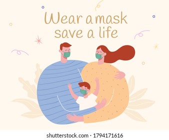 Cute Family Wearing Face Masks In Flat Design, Concept Of Safe Life, New Normal And Post COVID Era