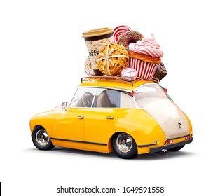 Cute fantastic retro car with sweets and coffee on top. Pastries concept 3d illustration. Isolated on white