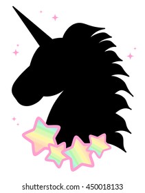 cute fantasy black unicorn silhouette with rainbow stars background illustration