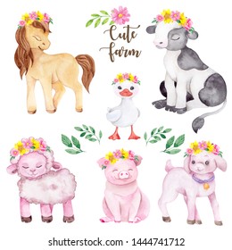 Cute farm animals, watercolor hand draw horse, cow, goose, sheep, pig and goat with pretty wreath of flowers, isolated on white background