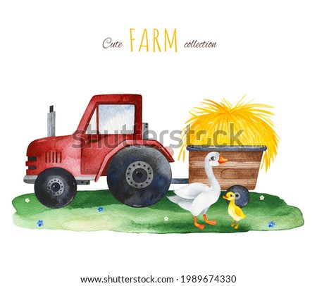Cute Farm collection.Watercolor composition with tractor,haystack, goose and gosling. Outdoor illustration.Perfect for education, baby shower, children prints or room decor, template cards,books an