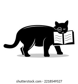 Cute Fat Cat Logo Silhouette Researcher In Glasses Walking While Biting A Book