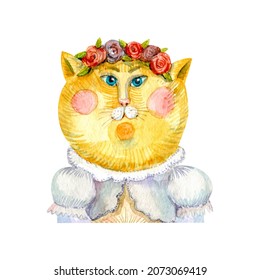 Cute Fat Kitty In A Flower Wreath. A Greeting Card. Portrait Of A Cat In A White Dress With Lace.  Isolated On A White Background.