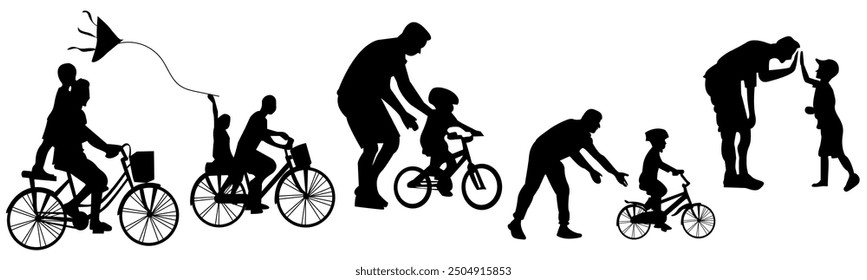 cute father and son silhouette, father and son learning to ride a bicycle, father day vector clipart collection illustration - Powered by Shutterstock