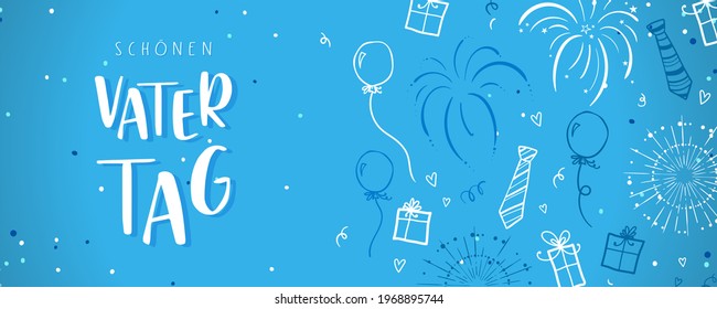 Cute Father's Day design in german language saying "Happy Father's Day", hand drawn doodles, gift boxes, balloons, confetti - great for banners, wallpapers, cards, image covers - Powered by Shutterstock