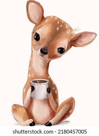 Cute Fawn With Coffee Cup