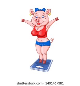 Cute Female Pig With Pleased Face In A Fitness Sportswear Standing On Floor Scales.  Funny Cartoon Character

