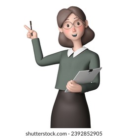 Cute female teacher pointing to empty space with friendly smile, isolated white background. 3D rendering. - Powered by Shutterstock