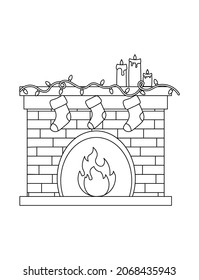 Cute Fireplace Ornate With Stockings And Christmas Lights. Black And White Christmas Coloring Page For Kids.