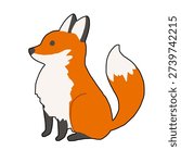 Cute flat vector illustration of an orange fox sitting in profile on a black background, with white chest and tail tip