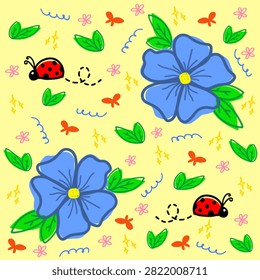 Cute floral pattern with large blue flowers, green leaves, red ladybugs, and small buttterflies on aa pastel yellow background. Bright nature illustration for fabric, kids wallpaper, and wrapping paper.