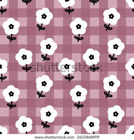 Cute floral pattern on a pink and white checkered background. Features stylized white flowers with black centers and simple black stems. Perfect for spring, summer, or cheerful designs.