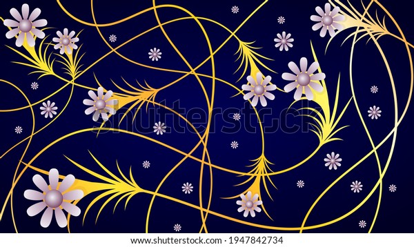 cute floral wallpaper. abstract white-pink flowers with golden smoothly curved stems on a dark blue background.