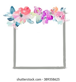 Cute Flower Square Watercolor Frame.