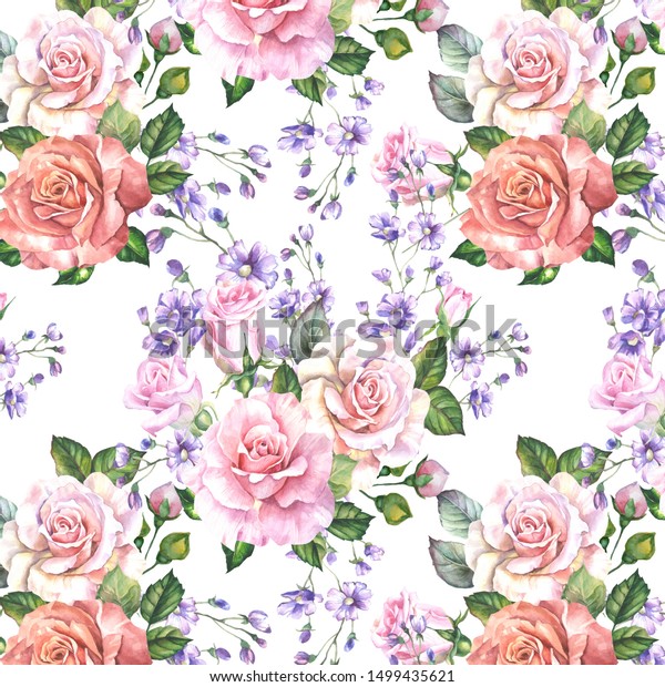 Cute Flowers Background Pink Roseswatercolor Stock Illustration 1499435621