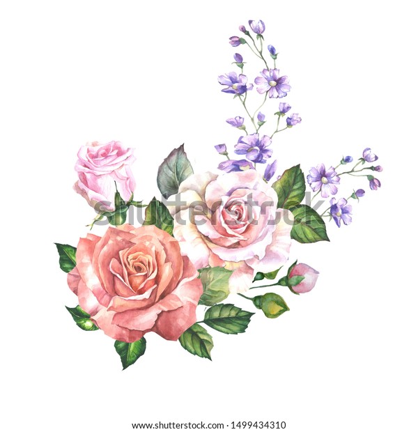 Cute Flowers Bouquet Watercolor Roses Stock Illustration 1499434310 ...