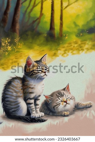 cute fluffy beautiful striped kitten sitting with head thrown back and eyes closed on the path, forest background, color background, watercolor painting
