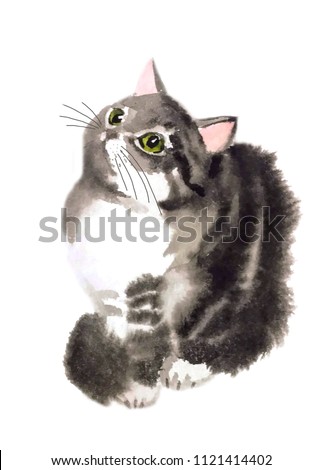 cute fluffy expressive striped cat asks for something, looks up with green shiny eyes, isolated on white, watercolor painting