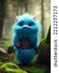 cute fluffy forest troll gremlin cartoon character on forest background, 3d rendering