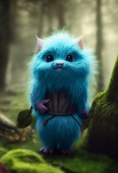 Cute Fluffy Forest Troll Gremlin Cartoon Character On Forest Background, 3d Rendering