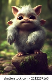 Cute Fluffy Forest Troll Gremlin Cartoon Character On Forest Background, 3d Rendering