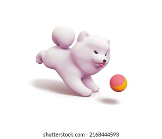 Cute Fluffy Kawaii Puppy With Red Tongue Sticking Out Of His Mouth, Big Smile On His Face, Dot Eyes Runs Catching Yellow-red Ball. Cartoon Dog In Minimal Style. 3d Render Isolated On White Backdrop.