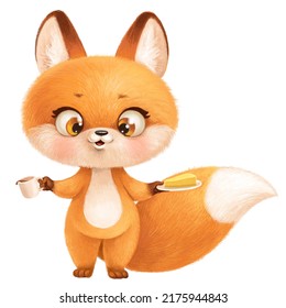 Cute fluffy red fox with cup and pie on saucer