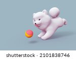 Cute fluffy white kawaii puppy with tongue sticking out of his mouth and big smile on his face runs catching yellow-red ball. 3d render of a funny cartoon dog in minimal art style on blue background.