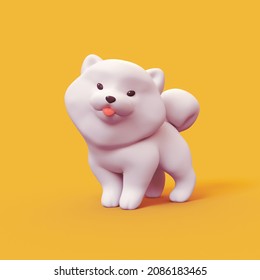 Cute fluffy white kawaii puppy with red tongue sticking out of his mouth and a big smile on his face stands playfully on yellow background. 3d illustration of a funny cartoon dog in minimal art style.