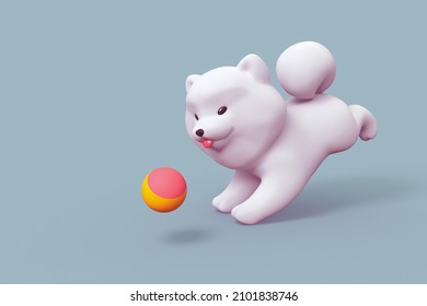 Cute fluffy white kawaii puppy with tongue sticking out of his mouth and big smile on his face runs catching yellow-red ball. 3d render of a funny cartoon dog in minimal art style on blue background.