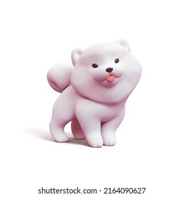 Cute Fluffy White Kawaii Puppy With Red Tongue Sticking Out Of His Mouth, Big Smile On His Face, Dot Eyes Stands Playfully Isolated On White Backdrop. Funny Cartoon Dog In Minimal Art Style. 3d Render