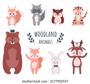 Cute Forest Animals. Cartoon Woodland Characters, Bear And Fox, Rabbit Bunny, Raccoon And Deer. Creatures Waving Hands Banner, Kids Poster With Text. Wildlife Greeting Card,  Fauna Set