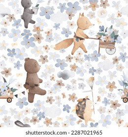 Cute forest animals go to plant flowers in the garden. Children's party of friends. Painting for the children's room. Watercolor seamless pattern background.