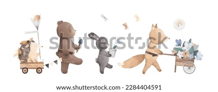 Cute forest animals go to plant flowers in the garden. Children's party of friends. Childish poster. Painting for the children's room. Isolated on white background. Watercolor illustration.