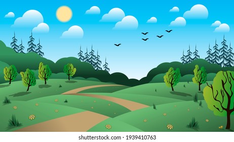 cute forest landscape. dirt winding road among flower meadows, bushes, trees against the background of a forest, sky with the sun, clouds, silhouettes of flying birds.
