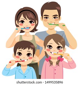 Cute four member family brushing teeth together - Powered by Shutterstock