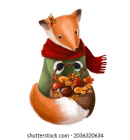 Cute Fox With Basket Of Mushroom's, Autumn Illustration, Hand Drawn Clipart With Cartoon Character Good For Card And Print Design