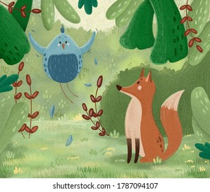 Cute fox with fat bird in a forest