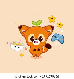 Cute Fox With Favorite Stuff, Ramen, Noodle, Game Stick Star And Sprout