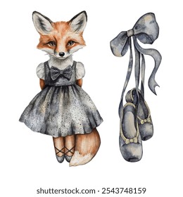 Cute fox girl dressed in a skirt, bow tie and pointe shoes. Watercolor illustration of anthropomorphic animal. Can be used for postcards, notebooks, products for girls. Antique dress in vintage style. - Powered by Shutterstock