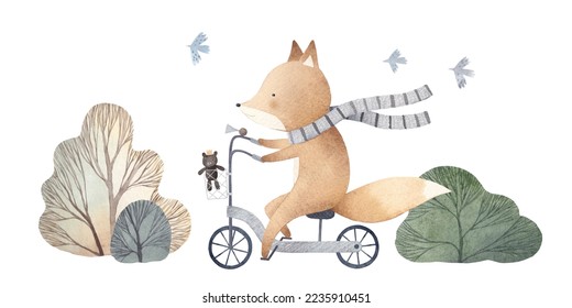 Cute fox on a bike in forest. Watercolor hand drawn illustration. White isolated background. Summer, autumn. - Powered by Shutterstock